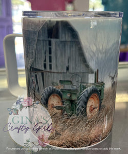 Deer With Tractor and Barn Camp Mug