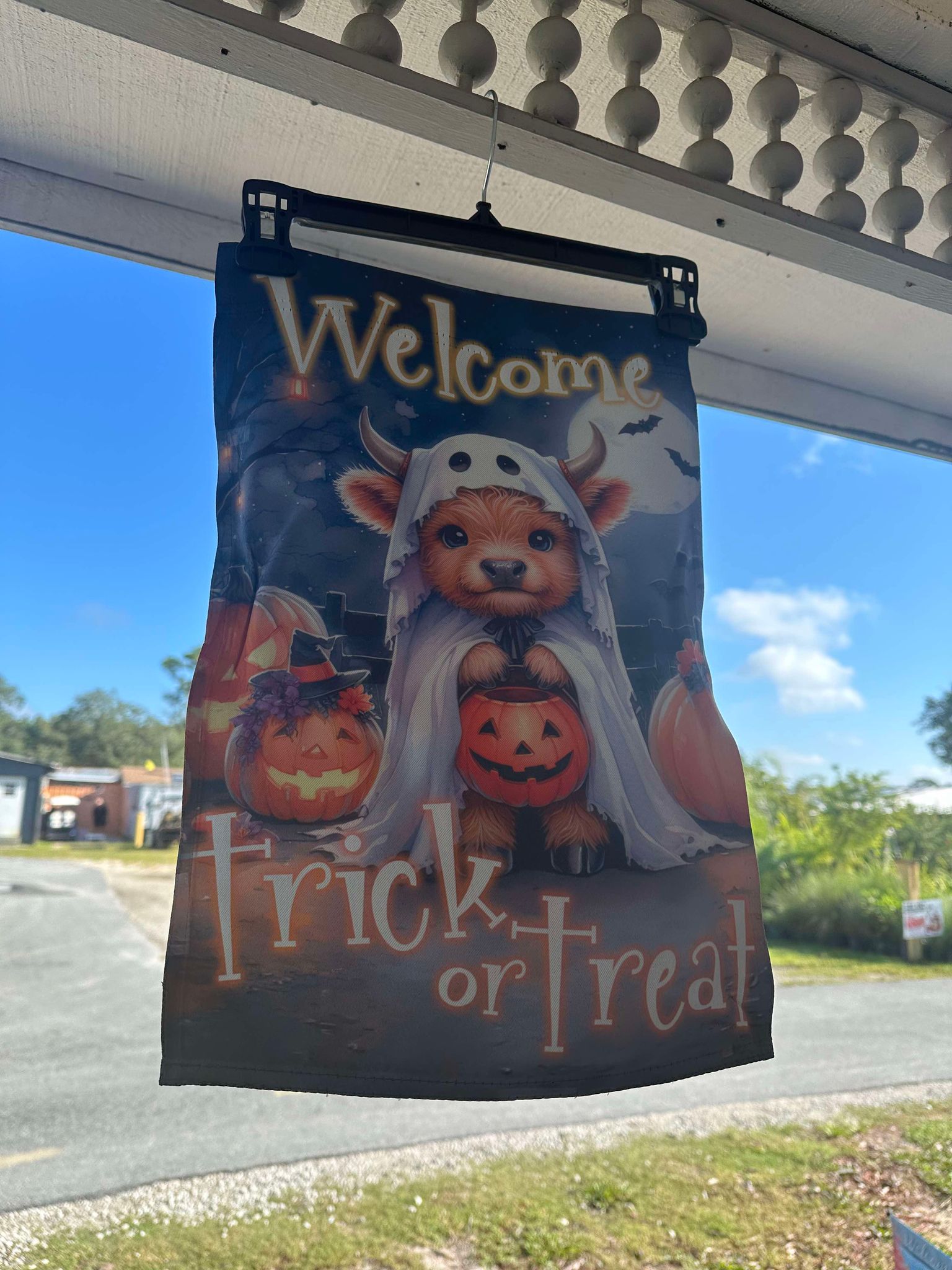 Welcome Trick Or Treat Highland Cow Ghost Halloween 12 x18 Double Sided Garden Flag