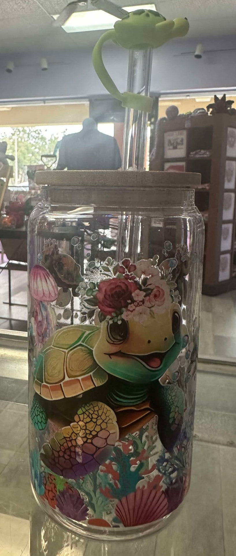 Floral Sea Turtle Glass Cup