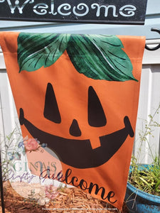 Welcome Pumpkin Face Jack O Lantern 12 x18 Double Sided Garden Flag