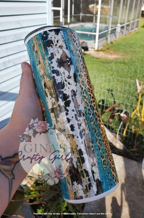 MOM Cowhide With Sunflowers and Turquoise Skinny Tumbler